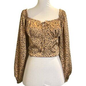 William B. Long Puff Sleeve Off the Shoulder Smocked Back Gold Satin Blouse Sz S